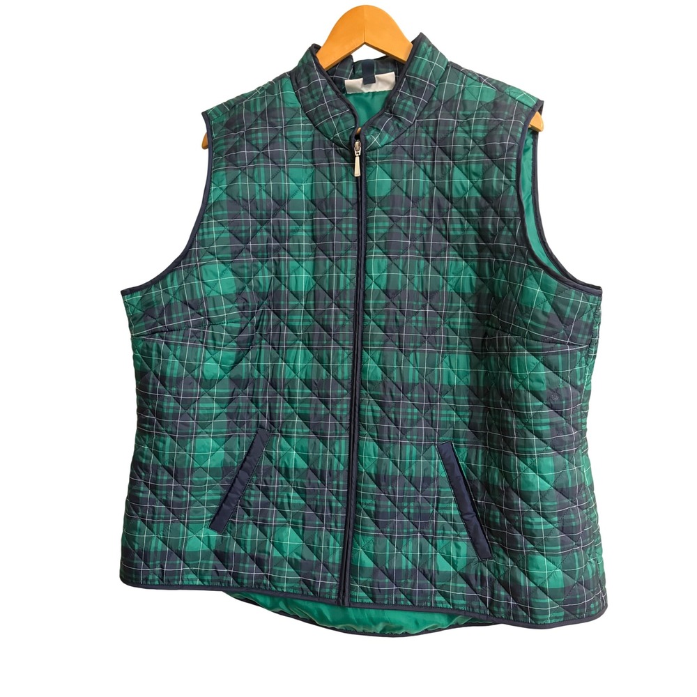 Karen Scott Quilted Vest XXL Green Navy Plaid Full Zip Puffer Pocket Sport